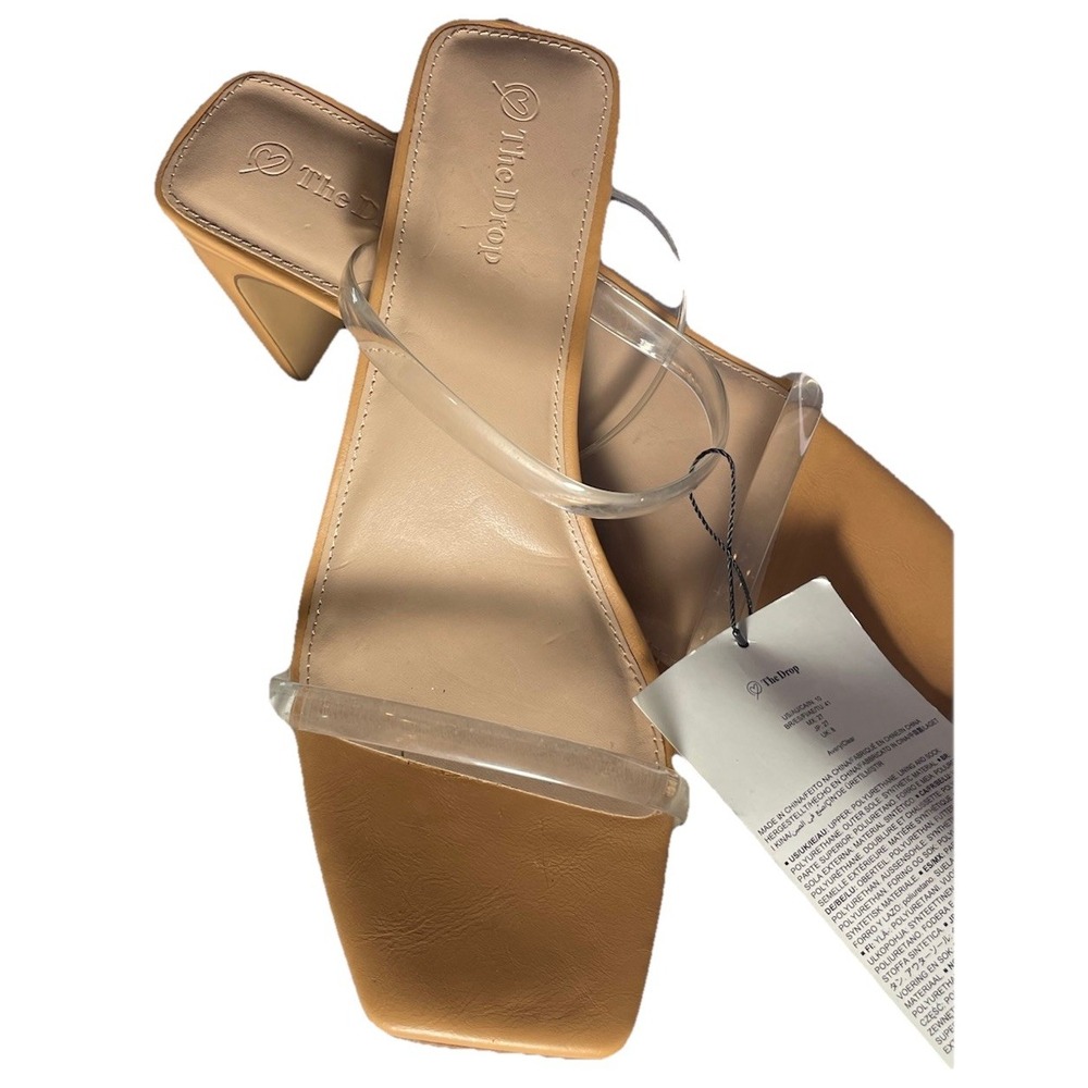 The‎ Drop Avery Tan Clear Strap Square Toe Block Heel Sandals Womens Size 10 NEW